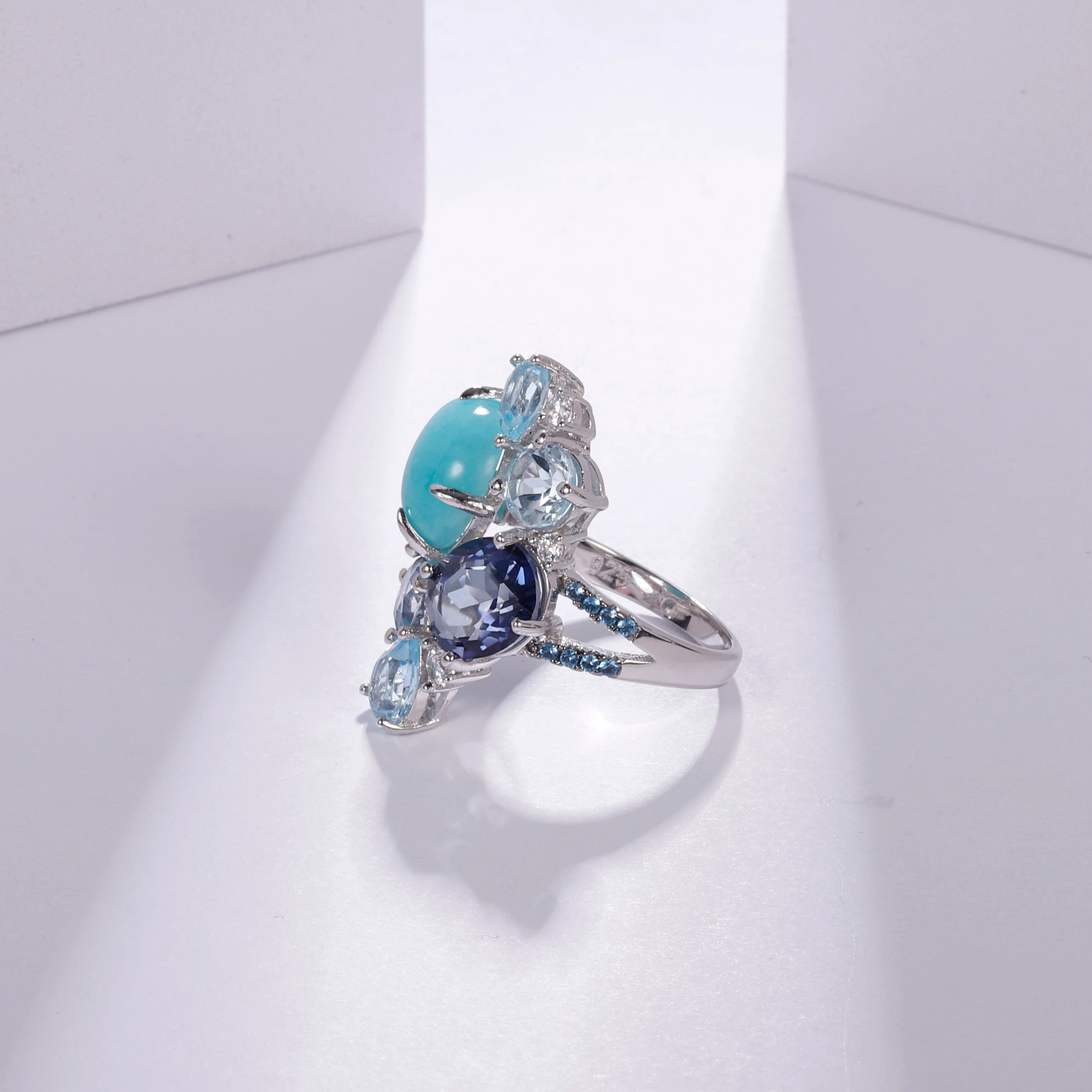 GEM'S BALLET 925 Sterling Silver Statement Rings Natural Amazonyte Blue Topaz Gemstone Candy Ring for Women Fine Jewelry