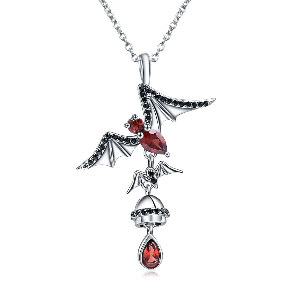 GEM'S BALLET 925 Sterling Sliver Bat Shape Natural Garnet Gemstone Vintage Gothic Punk Pendant Necklace For Women Party Jewelry