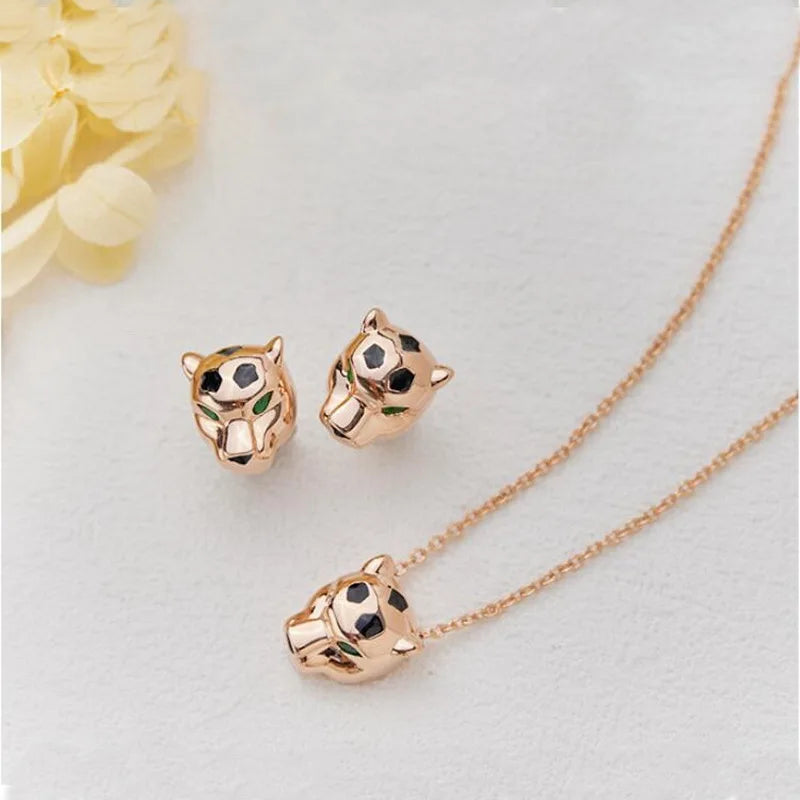 Designer Fashion Style Earrings Necklace Inlay Cubic Zircon Black Enamel Spots Leopard Panther Jewelry Sets