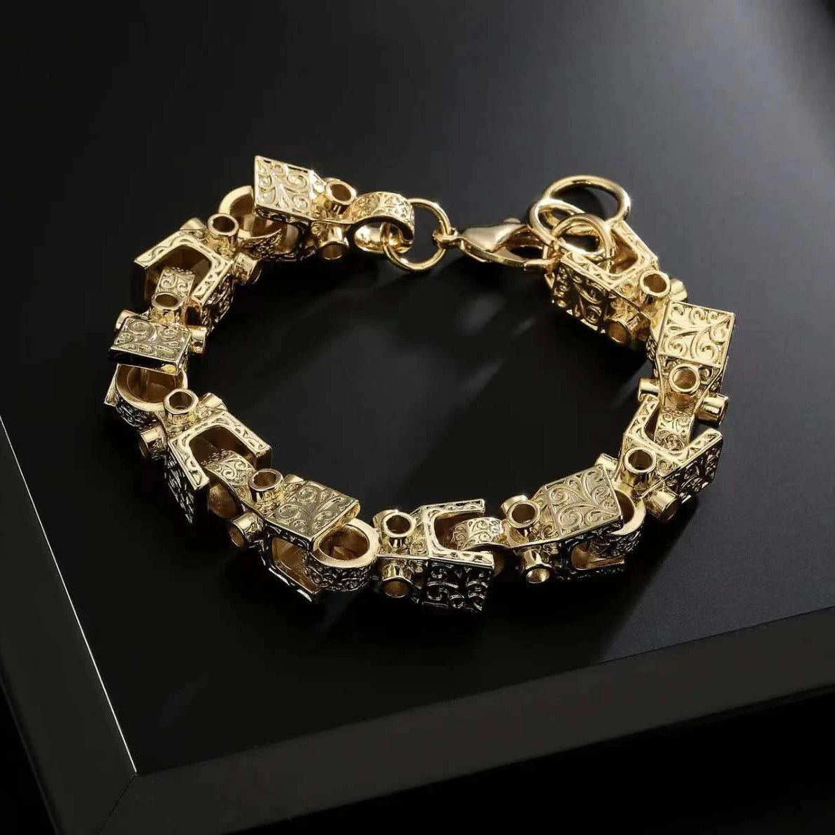 Bubbble Letter 3D Block Cuban Link Bracelet for Men Real Copper Gold Plated Lobster Clasp Hip Hop Jewelry