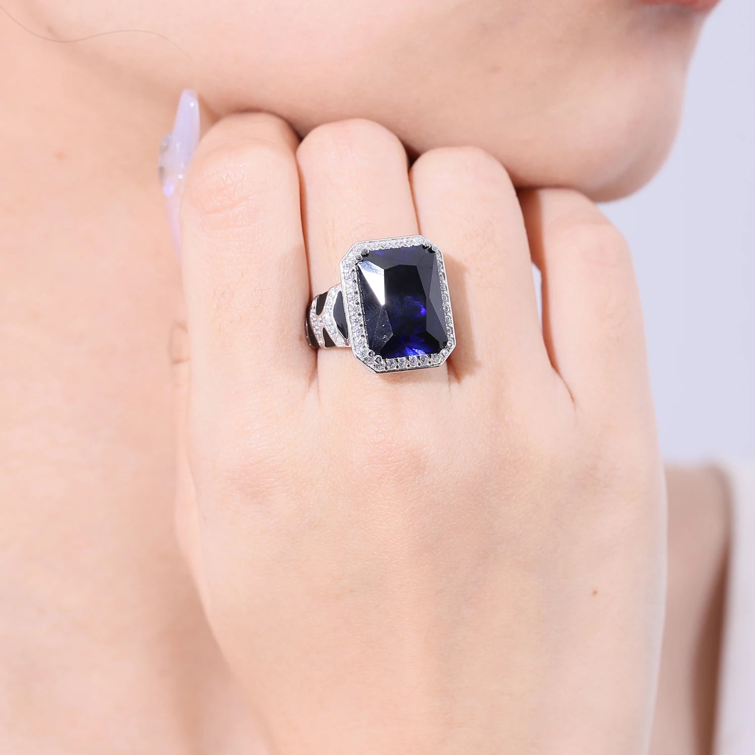 GEM'S BALLET Tiger Element Ring OCT 12x16mm lab Blue Sapphire Statement Ring in 925 Sterling Silver Gift For Her Fine Jewelry
