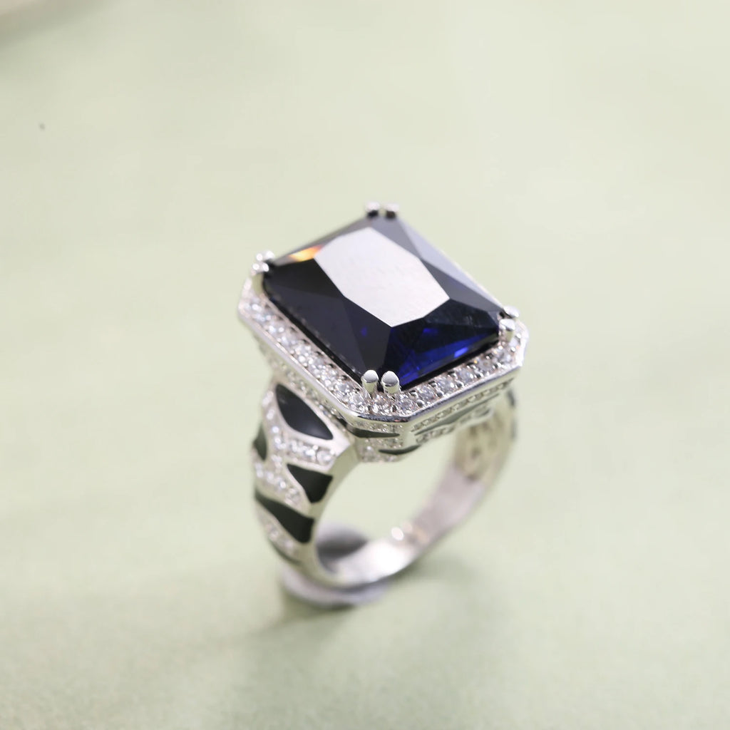 GEM'S BALLET Tiger Element Ring OCT 12x16mm lab Blue Sapphire Statement Ring in 925 Sterling Silver Gift For Her Fine Jewelry