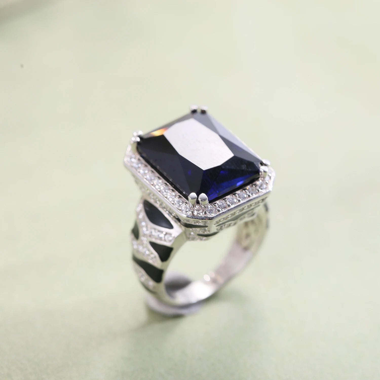 GEM'S BALLET Tiger Element Ring OCT 12x16mm lab Blue Sapphire Statement Ring in 925 Sterling Silver Gift For Her Fine Jewelry